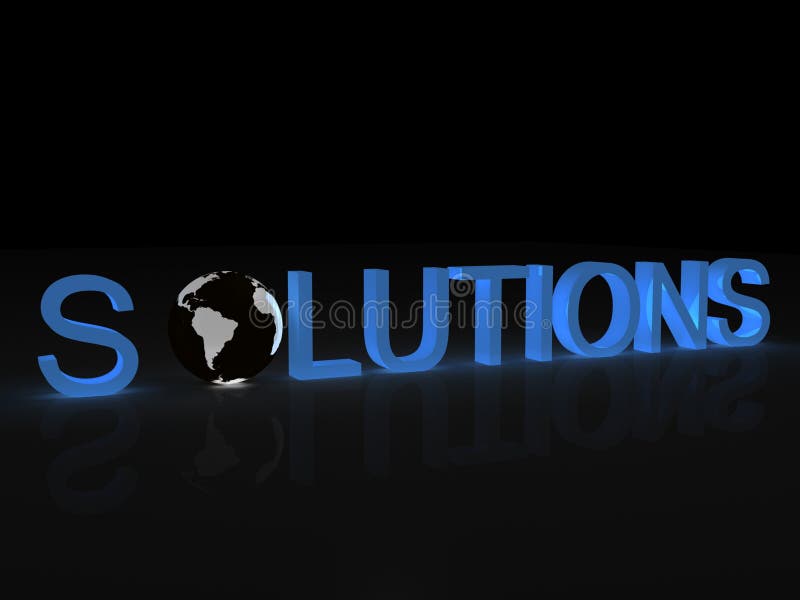 A three-dimensional rendering of the word solutions with a round globe substituted for the first o in solutions. Theme: International solutions, cooperative problem solving