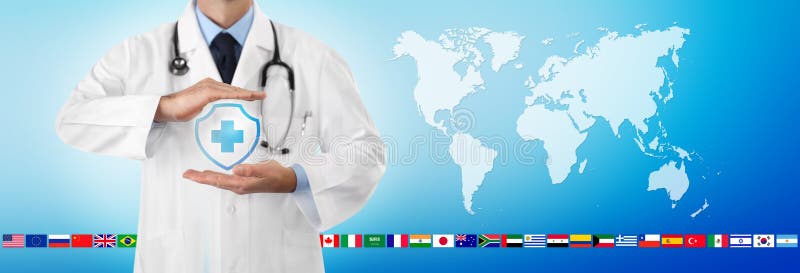 International travel medical insurance concept, doctor`s hands protect an shield cross icon, on blue background with stock photography International travel medical insurance concept, doctor`s hands protect an shield cross icon, on blue background with stock photography