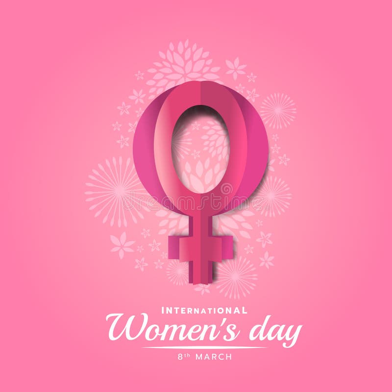 International women day banner with pink paper female sign on soft white flora texture and pink background vector design