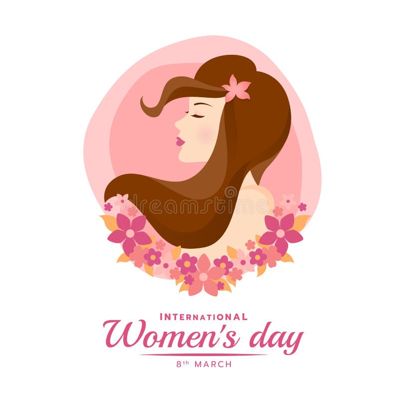 International women`s day banner with woman lady brown long hair and pink flora vector design