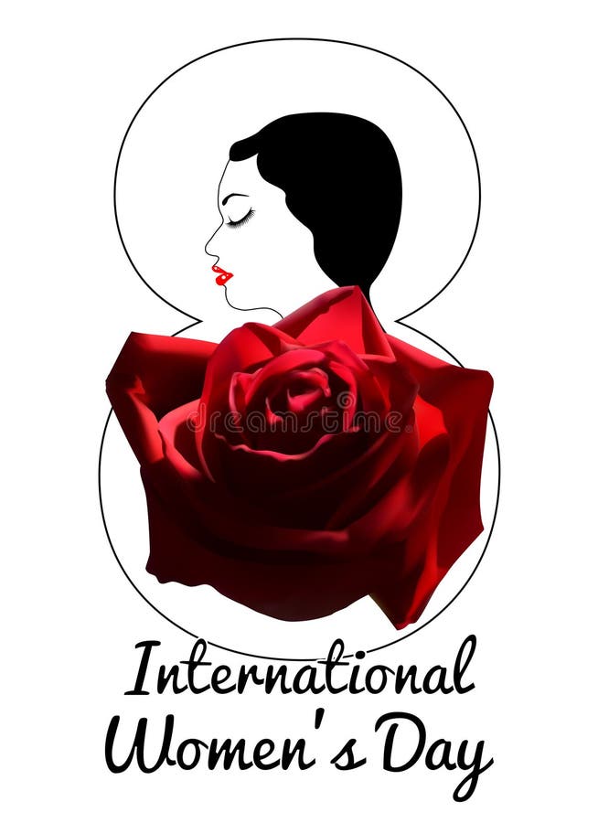 International Women`s Day greeting card template with young girl and red rose. portrait of a girl with white skin