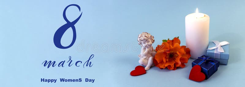 International Women`s Day March 8! Flat Lay, banner, greeting card with flowers from March 8