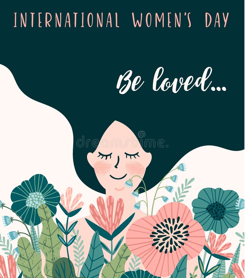 International Women s Day. Vector template with cute woman.