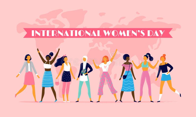 International womens day. Celebrating eight march, sisterhood community and multinational female people vector flat stock illustration International womens day. Celebrating eight march, sisterhood community and multinational female people vector flat stock illustration