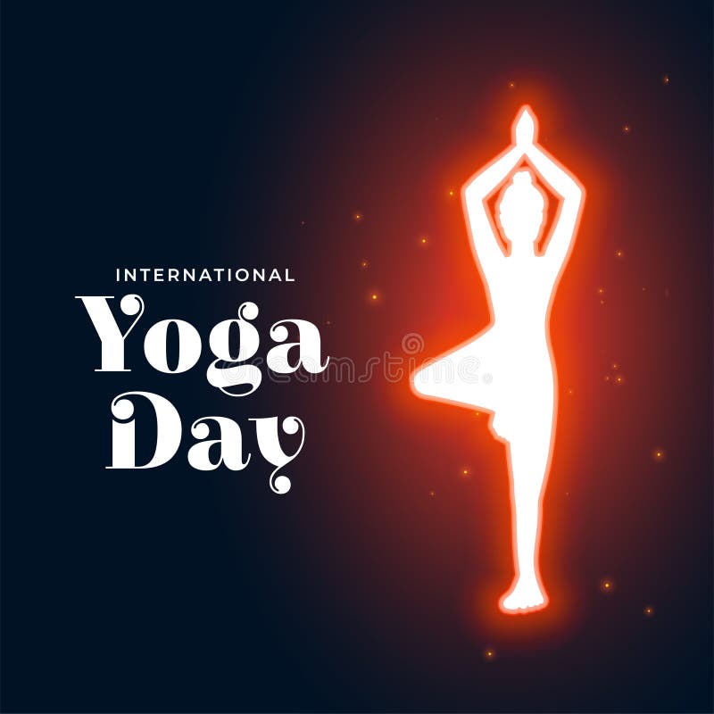 International Yoga Day Poster With Glowing Silhouette Of Female Full Of Energy Stock Vector