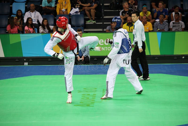 Internationale Taekwondotoernooien - Rio 2016 - de V.S. versus TUNESIË stock foto Internationale Taekwondotoernooien - Rio 2016 - de V.S. versus TUNESIË stock foto