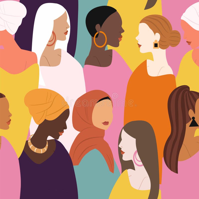 Internationella kvinnodagen Sömlösa vektormönster med kvinnor av olika nationalitet och kulturer Kampen för frihet stock illustrationer