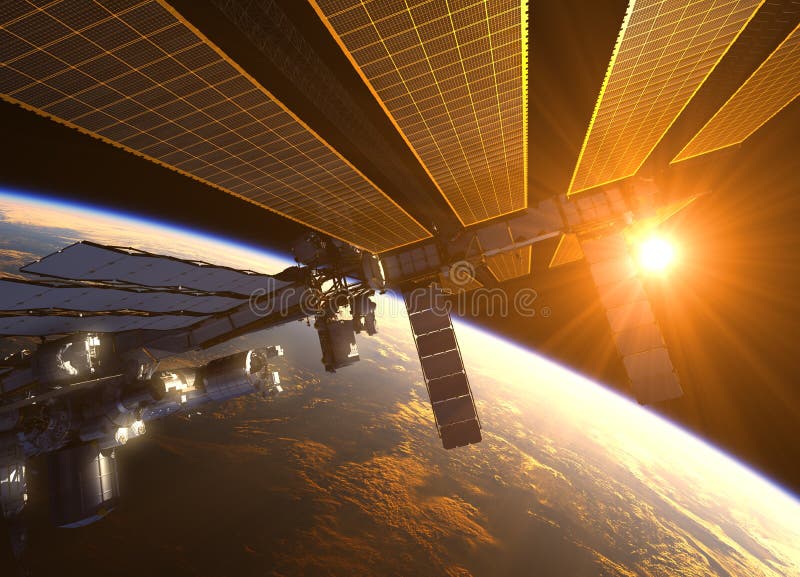 Internationella rymdstationen i strålarna av den röda solen