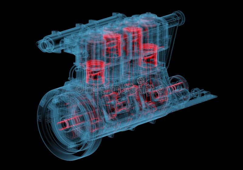 Interne verbrandingsmotor (3D xray rode en blauwe transparant) vector illustratie Interne verbrandingsmotor (3D xray rode en blauwe transparant) vector illustratie