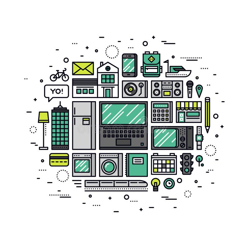 Internet av sakerlinjen stilillustration royaltyfri illustrationer Internet av sakerlinjen stilillustration royaltyfri illustrationer