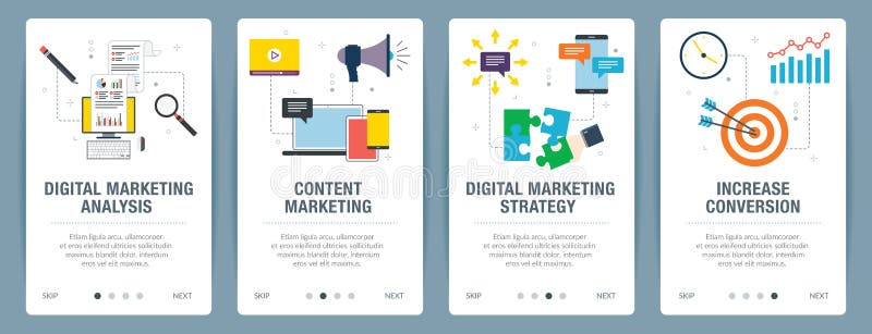 Internet banner set with marketing digital, analytics and strategy icons vector illustration