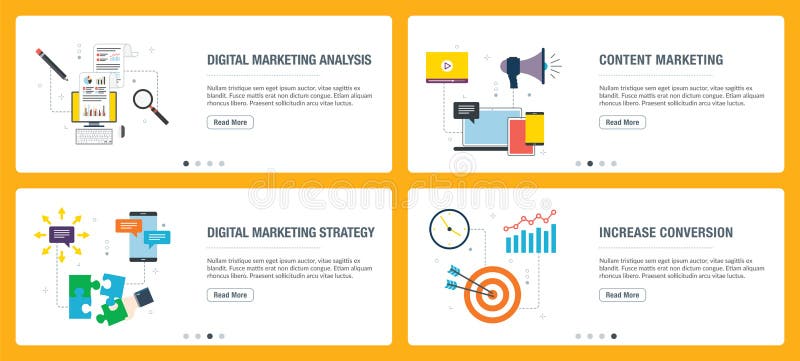 Internet banner set with marketing digital, analytics and strategy icons stock illustration
