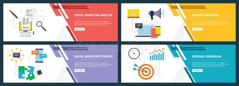 Internet banner set with marketing digital, analytics and strategy icons royalty free illustration