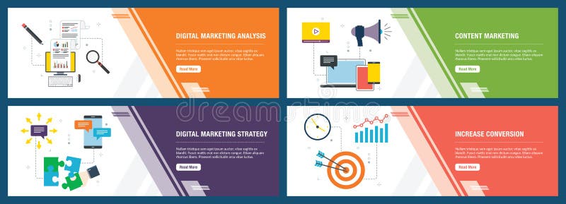 Internet banner set with marketing digital, analytics and strategy icons stock illustration