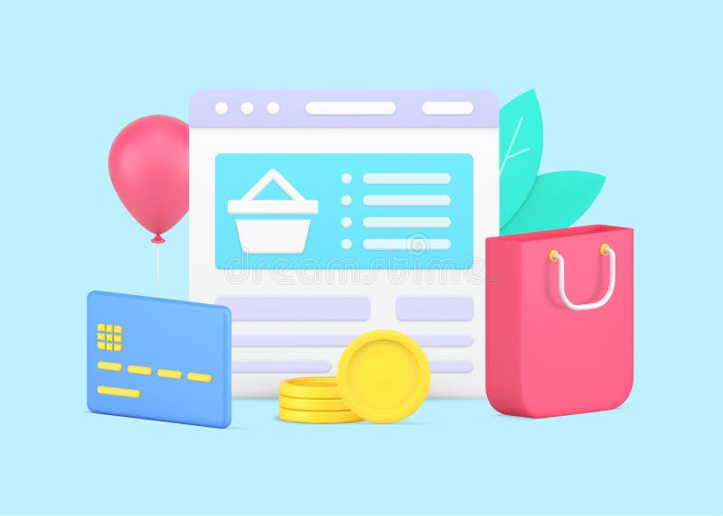 Internet browser computer screen with digital store website user interface 3d icon vector stock illustration