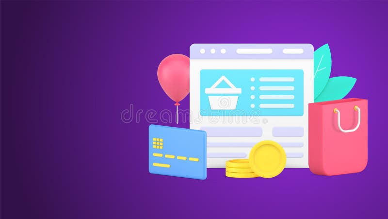 Internet browser computer screen with digital store website user interface 3d icon vector royalty free illustration