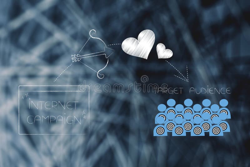 Internet campaign next to target audience and lovestruck icon ab stock images
