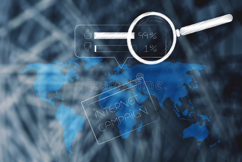 Global marketing and online feedback conceptual illustration: internet campaign pop-up message and survey results above it with magnifying glass analyzing it