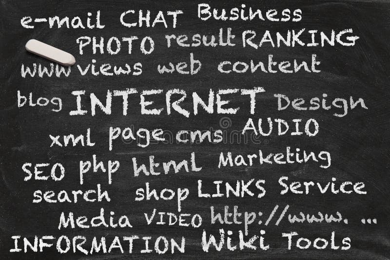 High resolution black chalkboard image with internet related tags. Illustration to demonstrate the variety of in web content and context. High resolution black chalkboard image with internet related tags. Illustration to demonstrate the variety of in web content and context.