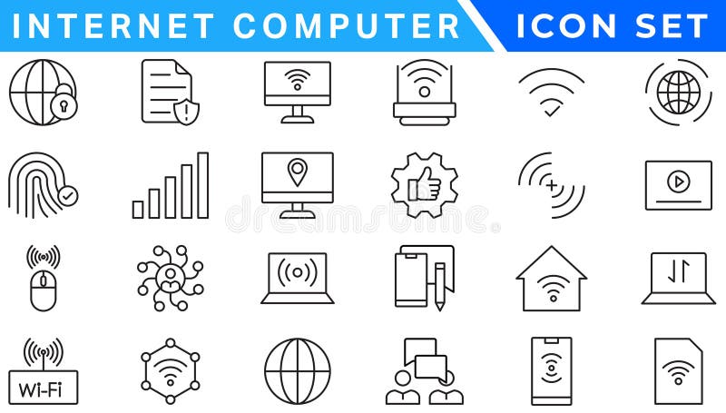 Internet computer icon set. Containing online, computer, network, website, server, web design, hardware, software and programming vector illustration