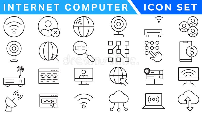 Internet computer icon set. Containing online, computer, network, website, server, web design, hardware, software and programming royalty free illustration