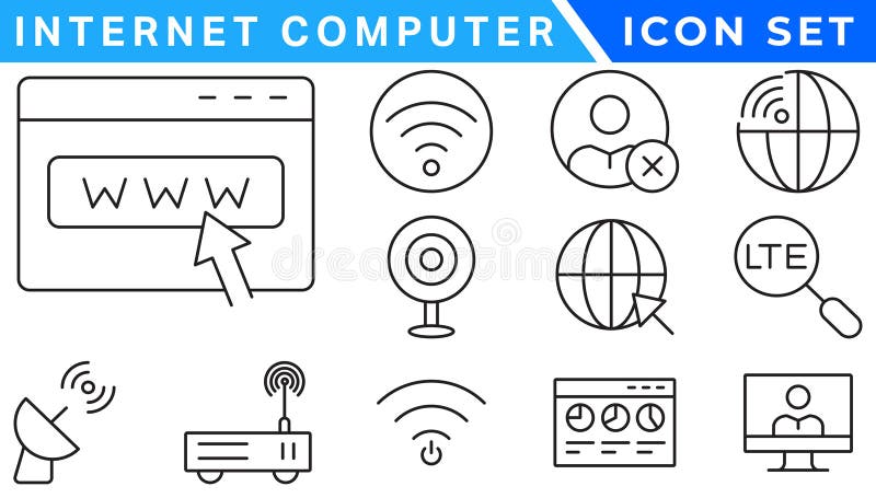 Internet computer icon set. Containing online, computer, network, website, server, web design, hardware, software and programming royalty free illustration