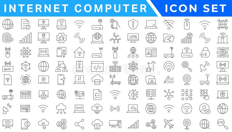 Internet computer icon set. Containing online, computer, network, website, server, web design, hardware, software and programming vector illustration