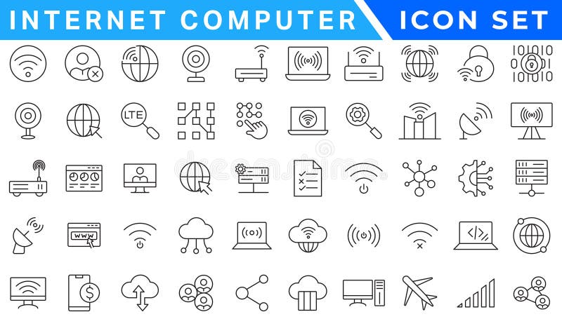 Internet computer icon set. Containing online, computer, network, website, server, web design, hardware, software and programming vector illustration