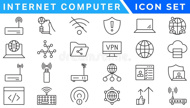 Internet computer icon set. Containing online, computer, network, website, server, web design, hardware, software and programming stock illustration