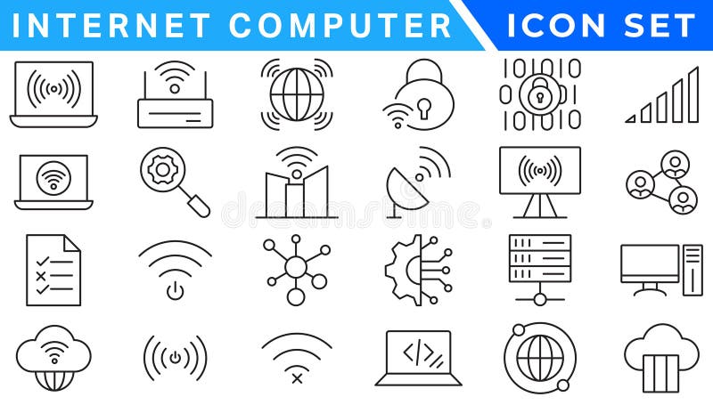 Internet computer icon set. Containing online, computer, network, website, server, web design, hardware, software and programming royalty free illustration