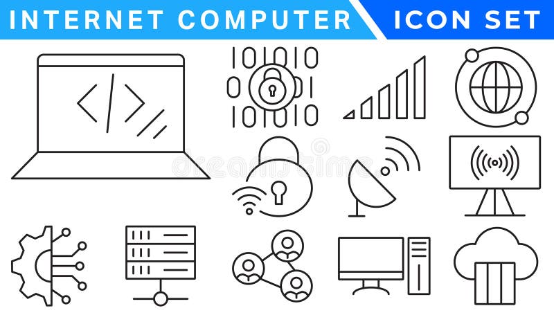 Internet computer icon set. Containing online, computer, network, website, server, web design, hardware, software and programming royalty free illustration