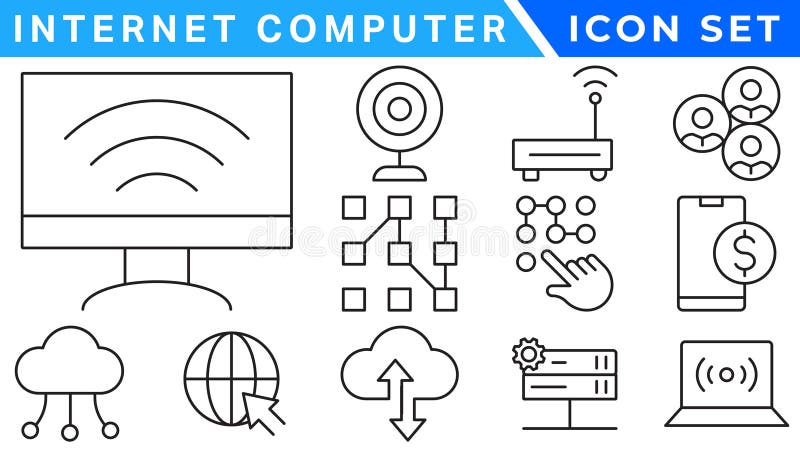 Internet computer icon set. Containing online, computer, network, website, server, web design, hardware, software and programming stock illustration