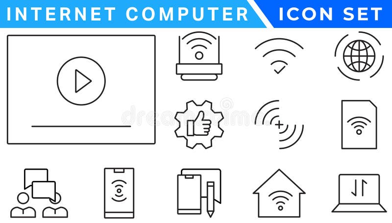 Internet computer icon set. Containing online, computer, network, website, server, web design, hardware, software and programming royalty free illustration