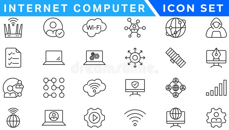 Internet computer line icon set. Website icon for contact icons. Computer, network, website, server, web design, hardware stock illustration