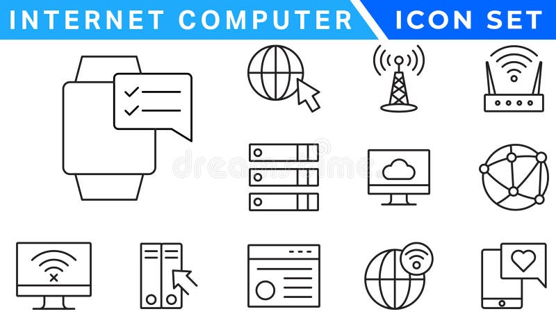 Internet computer line icon set. Website icon for contact icons. Computer, network, website, server, web design, hardware stock illustration