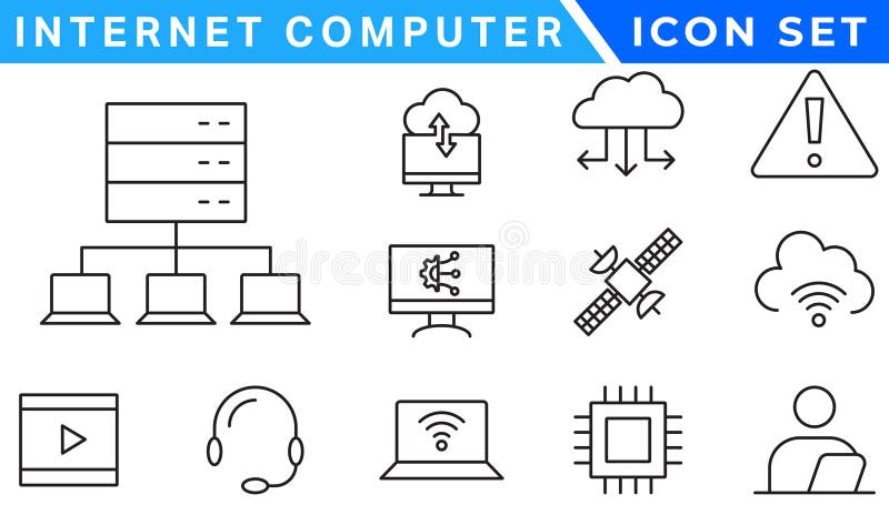 Internet computer line icon set. Website icon for contact icons. Computer, network, website, server, web design, hardware stock illustration