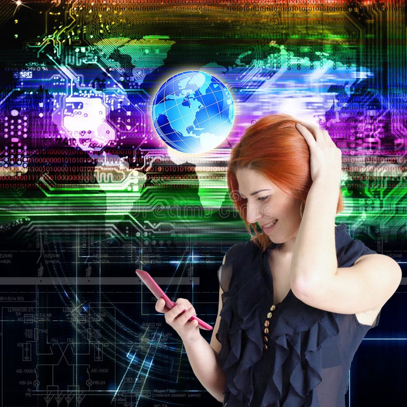 Happy red-haired girl with a mobile phone. Globalization Internet Connect technologies