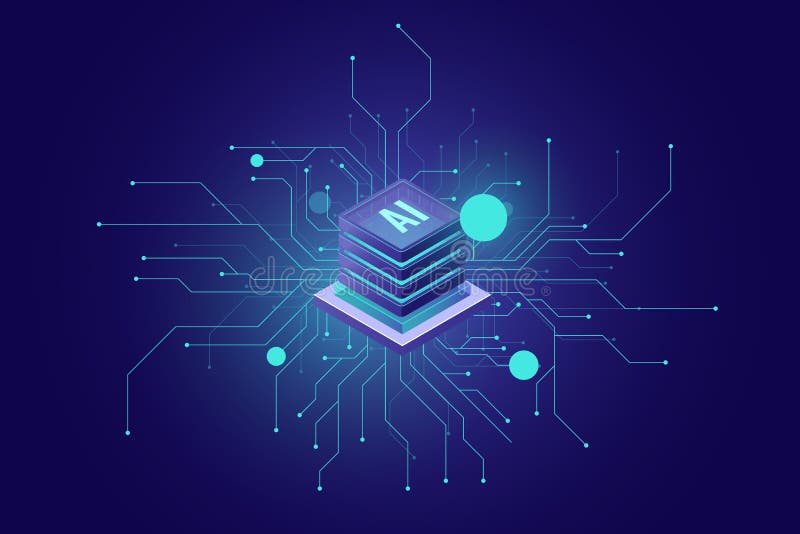 Internet connection, artificial intelligence ai isometric icon abstract sense of science and technology, server room stock illustration