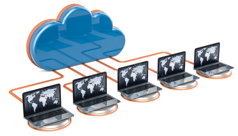 Internet connection concept. Computer cloud with laptops. 3D rendering royalty free illustration