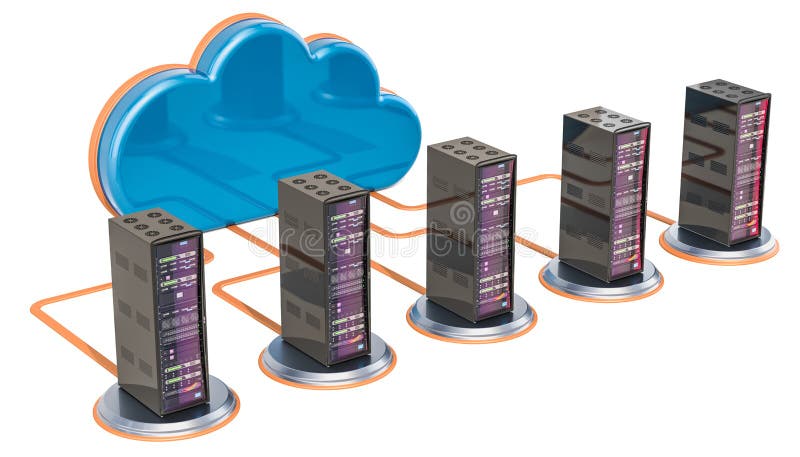 Internet connection concept. Computer cloud with server racks, 3D