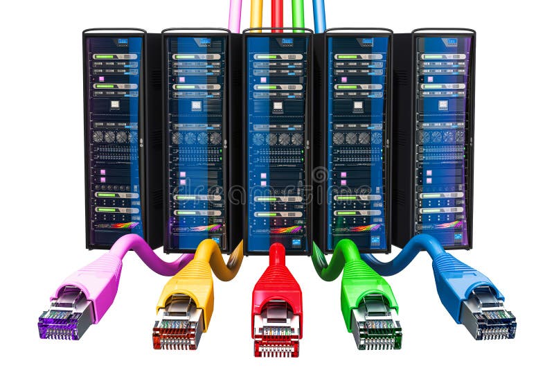 Internet connection concept. Computer Server Racks with lan internet cables. 3D rendering vector illustration