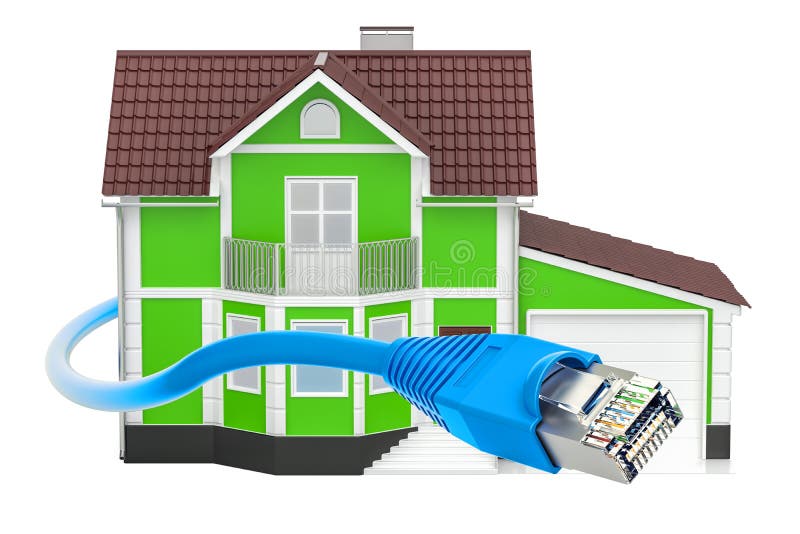 Internet connection concept, house with Lan cable. 3D rendering royalty free illustration