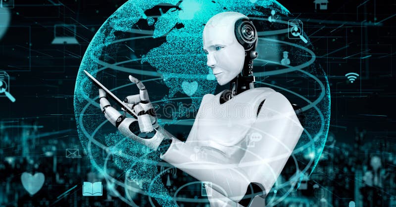 Internet connection controlled by AI robot huminoid and machine learning process to analyze data connectivity and cyber security. 3D rendering.