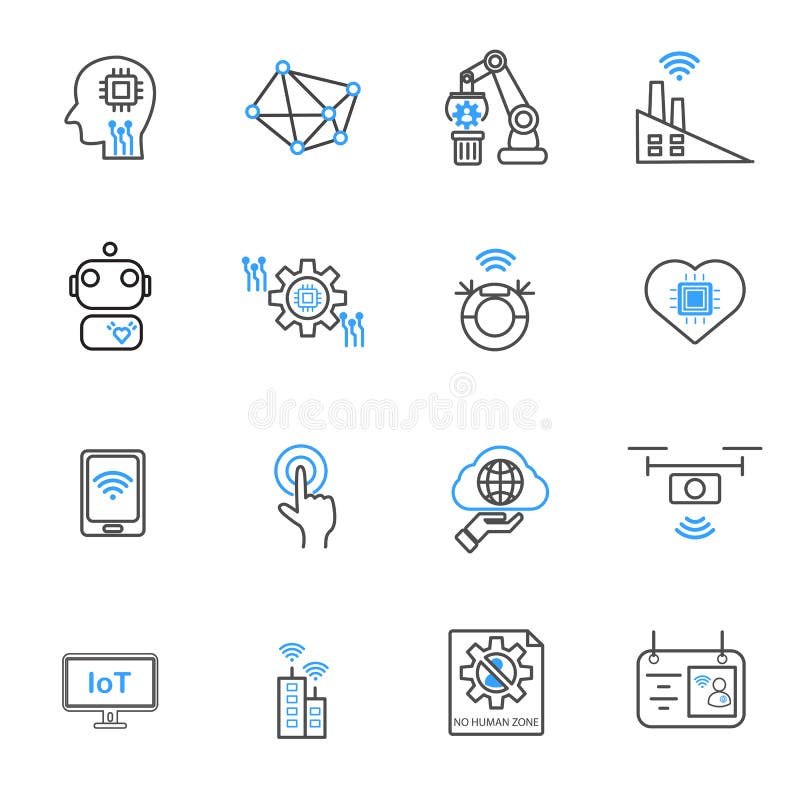 Internet das coisas e de ?cones rob?ticos da automatiza??o Tecnologia e conceito futurista Grupo da cole??o do vetor da ilustra?? ilustração stock Internet das coisas e de ?cones rob?ticos da automatiza??o Tecnologia e conceito futurista Grupo da cole??o do vetor da ilustra?? ilustração stock
