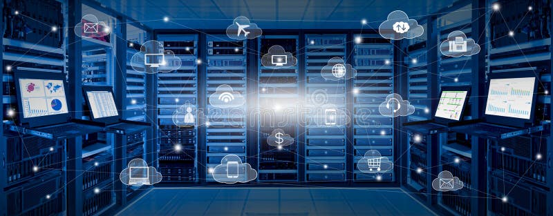 Internet data center and cloud services concept vector illustration