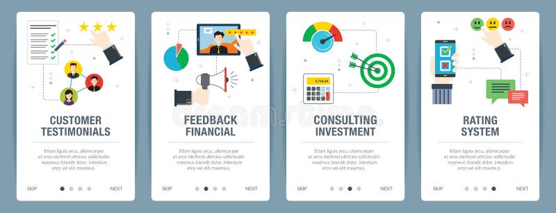 Internet-de bannerreeks klantenhuldeblijken, classificatie en koppelt financiële pictogrammen terug stock illustratie Internet-de bannerreeks klantenhuldeblijken, classificatie en koppelt financiële pictogrammen terug stock illustratie
