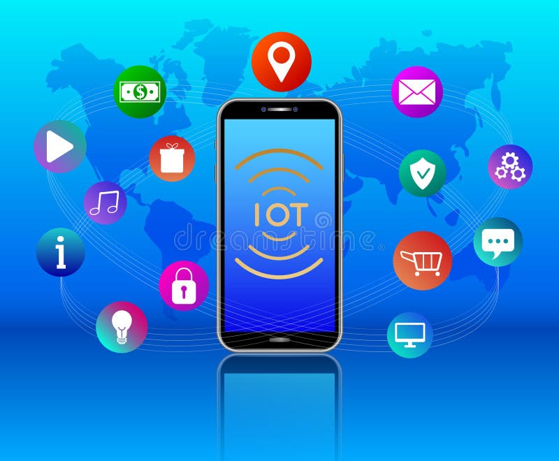Internet de concept de choses R?seau sans fil IOT sur l'écran tactile de téléphone portable Smartphone, icônes colorées de médias illustration stock Internet de concept de choses R?seau sans fil IOT sur l'écran tactile de téléphone portable Smartphone, icônes colorées de médias illustration stock