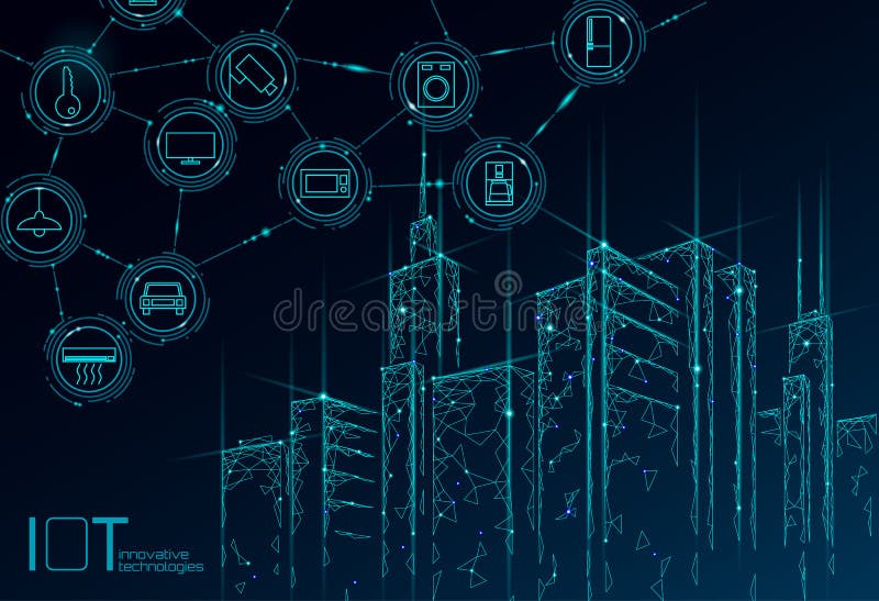 Internet de la malla de alambre elegante polivinílica baja de la ciudad 3D de las cosas Concepto constructivo inteligente de la a ilustración del vector