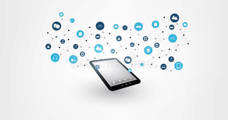Internet des choses, nuage calculant, animation moderne de concept de technologie numérique comportant la Tablette, connexions ré illustration libre de droits