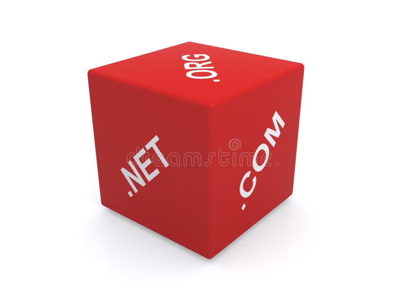 Large, red 3D cube with lettering spelling three internet domain names: .net, .com, .org. Large, red 3D cube with lettering spelling three internet domain names: .net, .com, .org